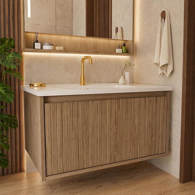 30 Inch Floating Bathroom Vanity with Ceramic Sink, Modern Striped Wall Mount Vanity Cabinet with Compartmentalized Storage Drawer, Walnut