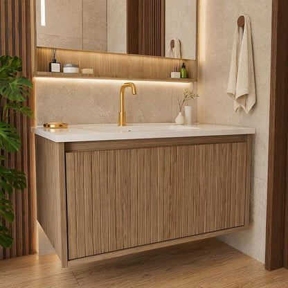 30 Inch Floating Bathroom Vanity with Ceramic Sink, Modern Striped Wall Mount Vanity Cabinet with Compartmentalized Storage Drawer, Walnut