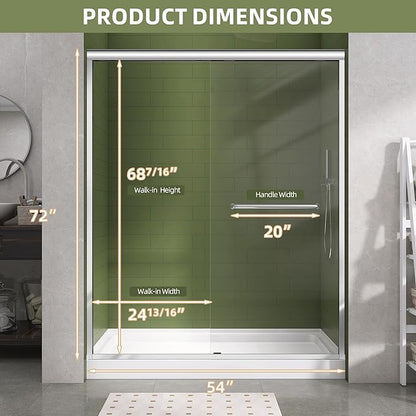 GETPRO Sliding Shower Door 50-54 in. W x 72 in. H Semi-Frameless Bypasss Double Sliding Glass Shower Enclosure,1/4 inch Clear Tempered Glass Door for Walk-in Shower Chrome