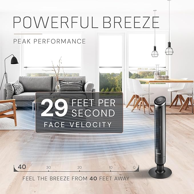 Lasko Apex Tower Fans Oscillating Quiet 42" - 29 ft/s Airflow, 28 dB, 90° Oscillation, 12H Timer, Air Filter for Hair & Dust, Remote, Black, Floor Fans for Home Bedroom, RST200
