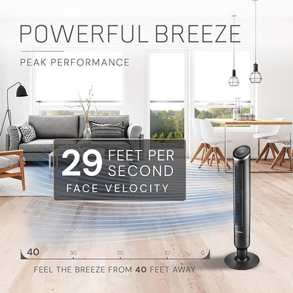 Lasko Apex Tower Fans Oscillating Quiet 42" - 29 ft/s Airflow, 28 dB, 90° Oscillation, 12H Timer, Air Filter for Hair & Dust, Remote, Black, Floor Fans for Home Bedroom, RST200