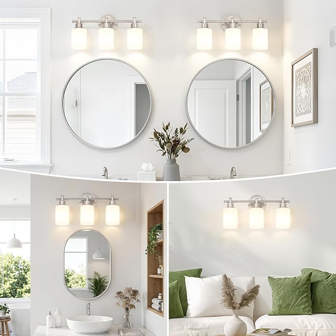 Brushed Nickel Bathroom Vanity Light, 3 Light Modern Wall Sconces, 17.5Inch | Anti-Rust Vanity Light Over Mirror, Vanity Light Fixture with White Frosted Glass Shades for Bathroom, Bedroom, E26 Socket