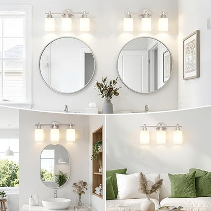 Brushed Nickel Bathroom Vanity Light, 3 Light Modern Wall Sconces, 17.5Inch | Anti-Rust Vanity Light Over Mirror, Vanity Light Fixture with White Frosted Glass Shades for Bathroom, Bedroom, E26 Socket