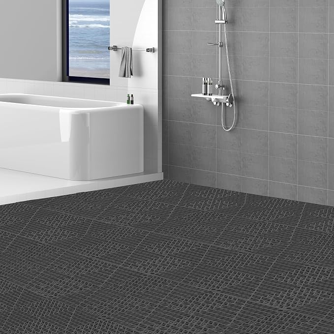 VEVOR Interlocking Tile 50PCS Black, Drainage Tiles 12" x 12" Splicing, Soft PVC Interlocking Drainage Floor Tiles, Non-Slip Drainage Holes for Restroom, Bathroom, Kitchen, Pool, Wet Areas | for Restroom Bathroom Kitchen Swimming Pools Wet Areas, 0.6-I...