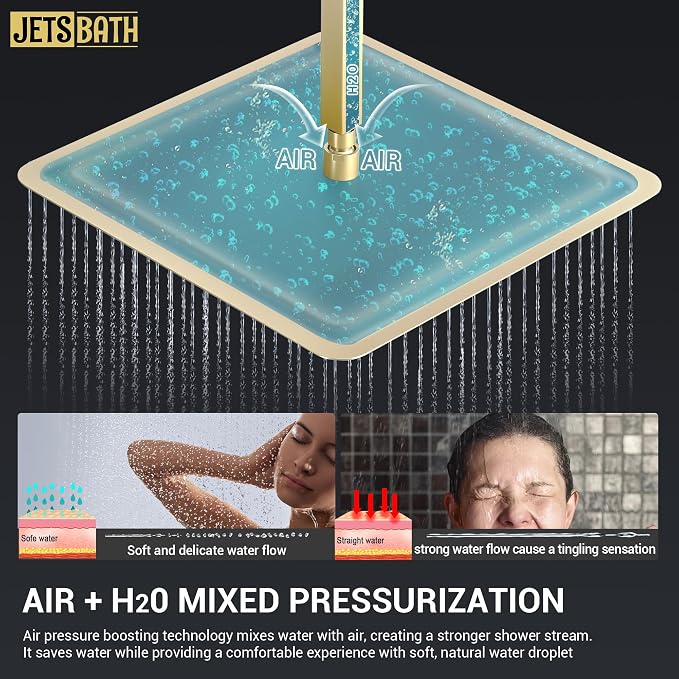 16" Thermostatic Dual Rainfall Head Brushed Gold Shower System | Ceiling Mounted Full Body Shower Faucet Set with Thermostatic Valve for Couples/ 2-Person，16“+6”Shower Head & handheld