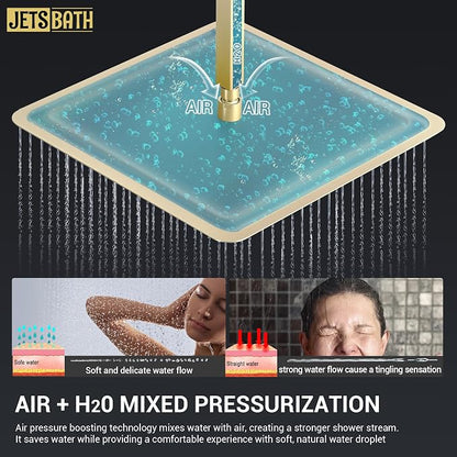 16" Thermostatic Dual Rainfall Head Brushed Gold Shower System | Ceiling Mounted Full Body Shower Faucet Set with Thermostatic Valve for Couples/ 2-Person，16“+6”Shower Head & handheld