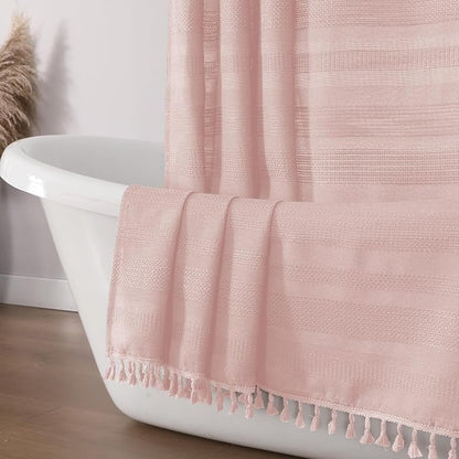 Pink Shower Curtain for Bathroom, Boho Linen Textured Shower Curtain with Tassel, Rustic Striped Heavy Duty Vintage Country Bathroom Curtain, 72Wx72L Inches