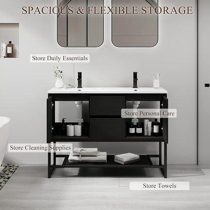 LUCKWIND 48" Modern Bathroom Vanity with Dual White Sink Combo, Freestanding Storage Cabinet with Metal Frame, Matte Black Faucet and Open Shelf and 2 Soft-Closing Door, Black