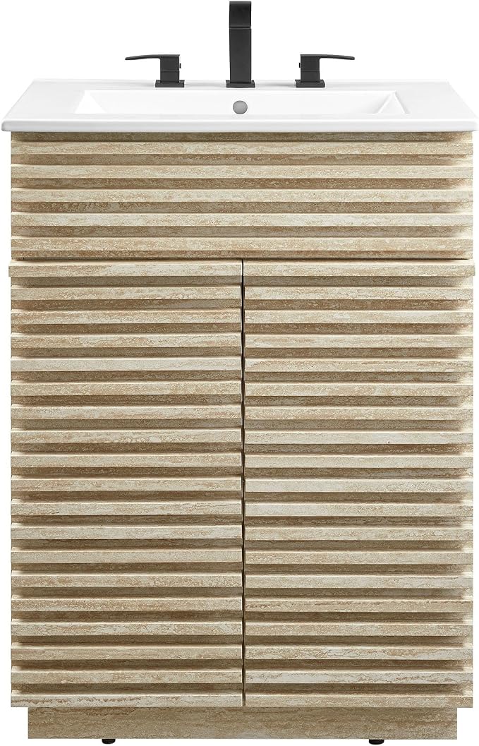 Modway Render Faux Travertine Slatted 24 Inch Bathroom Vanity in White with Sink Combo - Mid-Century Modern Single Sink Bathroom Vanity - Vanity Cabinet with Soft-Close Doors