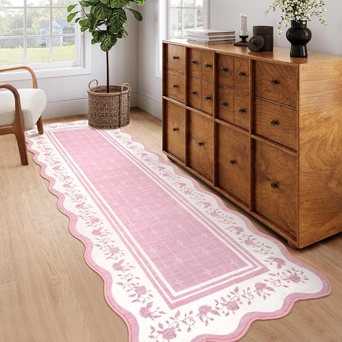 Garvee 2x6 Runner Rug Scalloped Kitchen Runner Rug Entryway Runners Pink | Washable Non Slip Modern Bordered Foldable Thin Accent Carpet Low Pile Soft Nursery Rugs for Hallway Bathroom Bedside Laundry