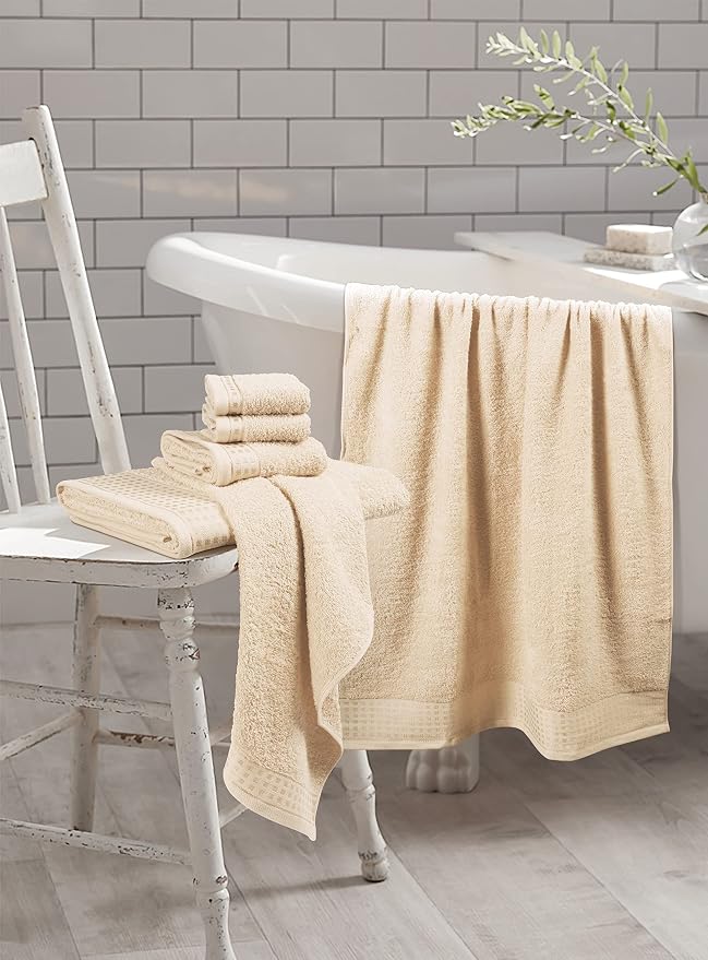 GLAMBURG 100% Cotton Ultra Soft 6 Pack Towel Set, Contains 2 Bath Towels 28x55 Inches, 2 Hand Towels 16x24 Inches & 2 Wash Coths 12x12 Inches, Compact Absorbent Lightweight & Quickdry - Ivory