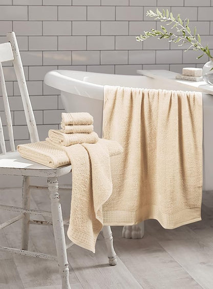 GLAMBURG 100% Cotton Ultra Soft 6 Pack Towel Set, Contains 2 Bath Towels 28x55 Inches, 2 Hand Towels 16x24 Inches & 2 Wash Coths 12x12 Inches, Compact Absorbent Lightweight & Quickdry - Ivory