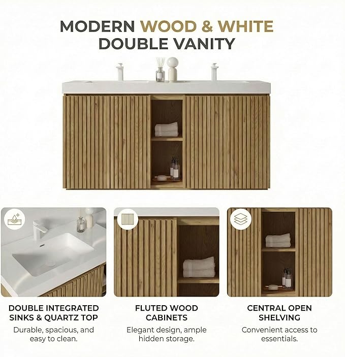 60" Double Bathroom Vanity with Sink Combo, Mid Century Modern Bathroom Cabinet with Doors & Shelves, Glossy White Integrated Sink with Overflow, Light Oak