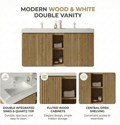 60" Double Bathroom Vanity with Sink Combo, Mid Century Modern Bathroom Cabinet with Doors & Shelves, Glossy White Integrated Sink with Overflow, Light Oak