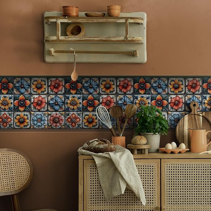 Tile Decals with Vintage Flower Pattern, 6X6IN-24 Pcs | 1.6mm-Thick FOAM+PE Tiles,Strong Adhesive, Waterproof Sticker Decals for Kitchen,Bathroom,Cabinets