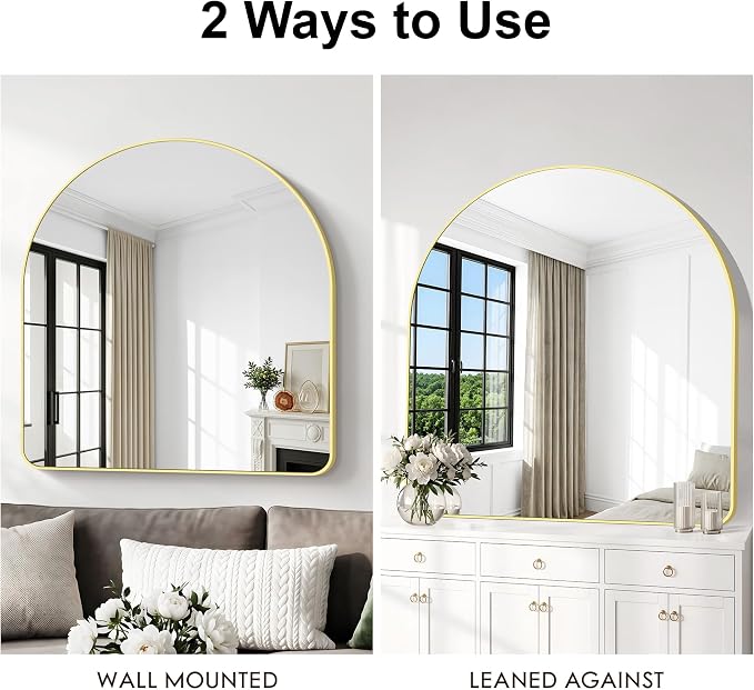 BONEWEI Arched Wall Mirror,42x42 inch Gold Arched Mirror Bathroom,Large Vanity Mirror for Over Sink Metal Frame,Tempered Glass Arch Mirrors for Bedroom,Entryway,Living Room,Home Decor Shatter-Proof