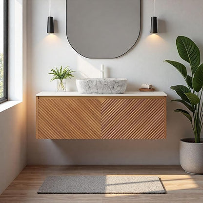 Floating Bathroom Vanity with Sink, 48" Bathroom Storage Cabinet with Sintered Stone Countertop & Marble-Pattern Ceramic Basin, Wall-Mounted Vanity with 2 Twill Pattern Doors, Brown Oak