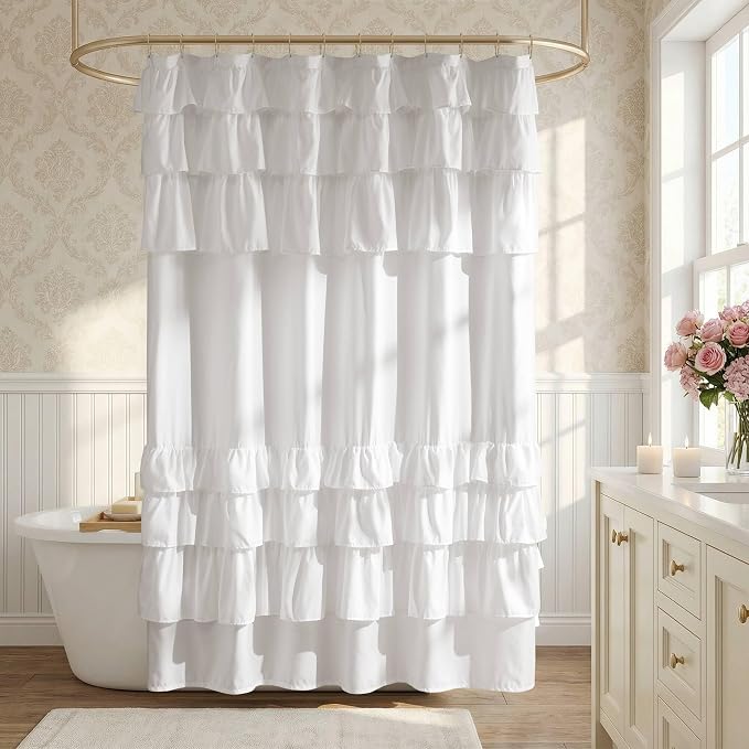 Madison Park Grace Ruffle Shower Curtain for Bathroom, 72"x 72", White | Farmhouse Cottage Top, Machine Washable, Shabby Chic Ruffled Decor Fabric, Privacy Screen, Solid Color