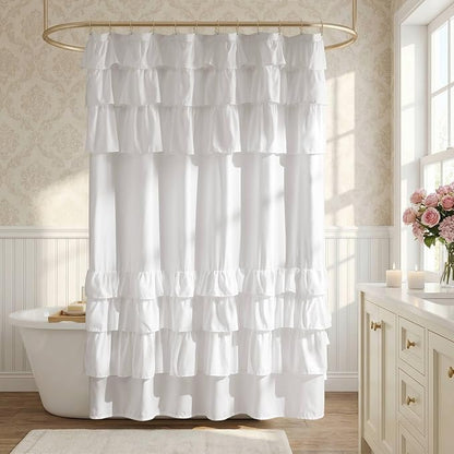 Madison Park Grace Ruffle Shower Curtain for Bathroom, 72"x 72", White | Farmhouse Cottage Top, Machine Washable, Shabby Chic Ruffled Decor Fabric, Privacy Screen, Solid Color