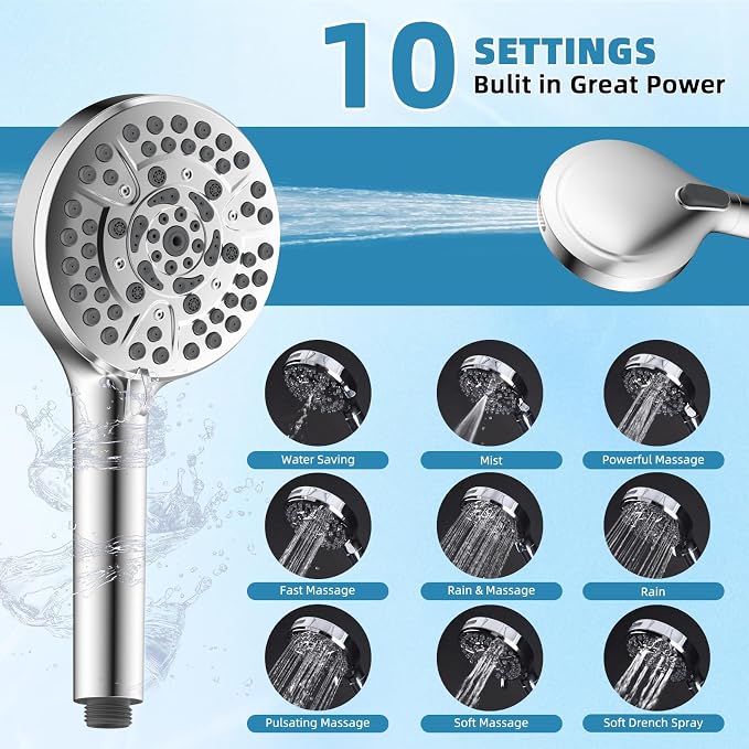 10" Metal Filtered Shower Head with 10-Mode Handheld, Chrome | NSF/ANSI/CAN 372 Certified, High Pressure Showerhead Combo, 20 Stage Shower Filter, 11" Shower Arm, 71" Hose, Shower Holder