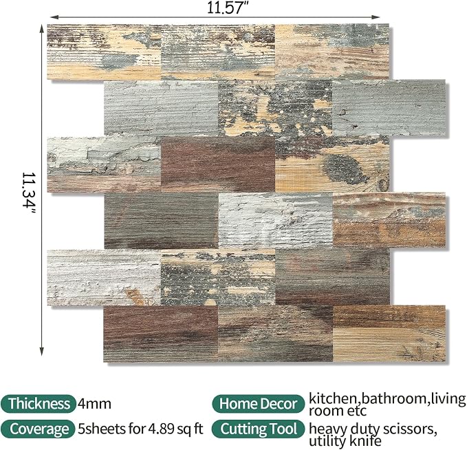 2026 New Upgrade Peel and Stick Backsplash Tile, Peel and Stick 11.34" X 11.57" Wall Tile for Kitchen, Bathroom, Fireplace, Laundry (Mix Rustic, 5 Packs)