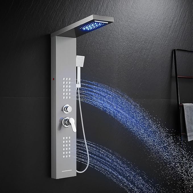 LED Shower Panel Tower System with Rainfall Waterfall Shower Head, 5-in-1 Shower Tower with Powerful Body Jets, Handheld and Tub Spout, Shower Column Stainless Steel, Brushed Finish
