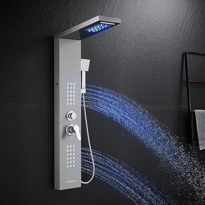 LED Shower Panel Tower System with Rainfall Waterfall Shower Head, 5-in-1 Shower Tower with Powerful Body Jets, Handheld and Tub Spout, Shower Column Stainless Steel, Brushed Finish