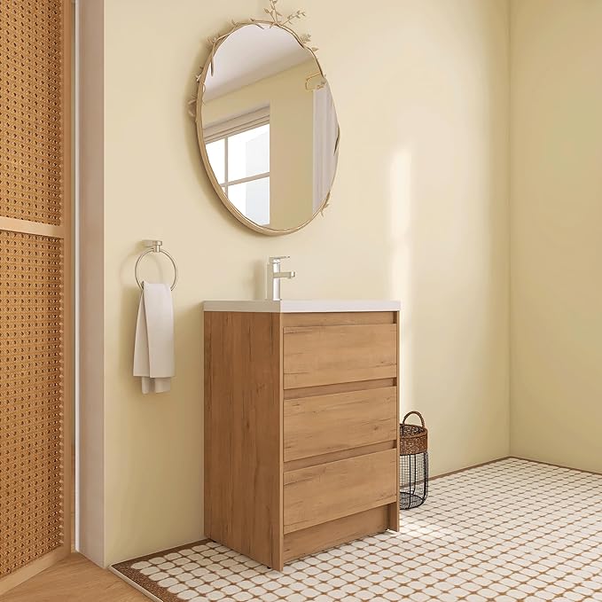 24" Bathroom Vanity with Sink, 24 Inch Freestanding Vanity with 3 Drawers, Single Resin Sink Floor Stand Cabinet Set Imitative Oak (Space-Saving for Small Bathrooms)