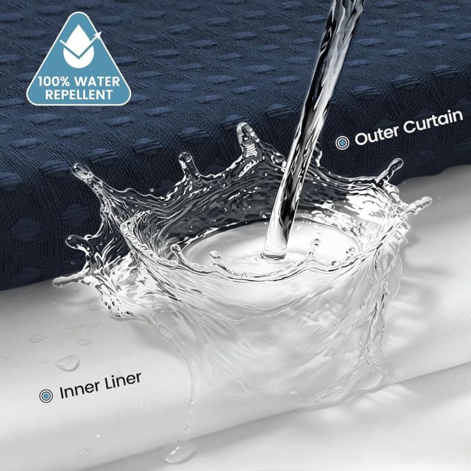 Heavyweight Waffle No Hook Shower Curtain with Liner, Navy Blue, 71x74 | Snap in Liner, 256GSM, Thick, Hotel Luxury Spa, Waterproof Fabric, Corner Magnets, 3 in 1 Set, Washable, Hang in Seconds