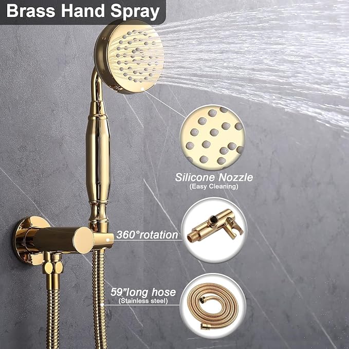 Enga Bright Gold Brass Shower Tub Faucet System Antique 8inch Rainfall Shower with Spout and Hand Spray