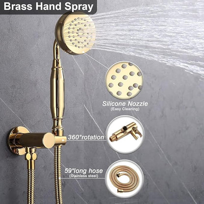 Enga Bright Gold Brass Shower Tub Faucet System Antique 8inch Rainfall Shower with Spout and Hand Spray