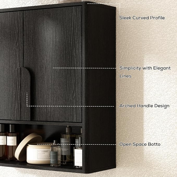 RUSTOWN Wall Mounted Bathroom Cabinets with Rounded Edges & Curved Handles | Adjustable Shelf, 3-Tier Over The Toilet Storage Cabinets, Modern Medicine Cabinet for Laundry Kitchen Living Room