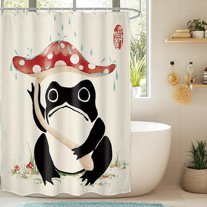 LGhtyro Funny Frog Shower Curtain Bathroom Set 54Wx78H Inches Red Mushroom Lovely Cute Asian Traditional Black Beige Green Grassland Japanese Bath Accessories Frog Art Home Decor Fabric 12 Pack Hooks