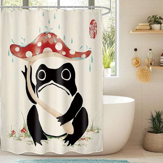 LGhtyro Funny Frog Shower Curtain Bathroom Set 54Wx78H Inches Red Mushroom Lovely Cute Asian Traditional Black Beige Green Grassland Japanese Bath Accessories Frog Art Home Decor Fabric 12 Pack Hooks