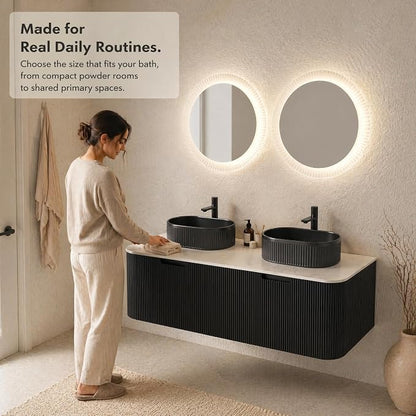 60 Inch Double Sink Bathroom Vanity, Floating Wall Mounted Cabinet, Black Curved Fluted Front, Stone Top, Dual Black Textured Oval Vessel Basins, Pre-Assembled
