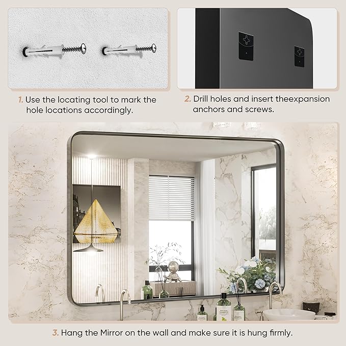 Sweetcrispy Bathroom Mirror 40x30 Inch, Vanity Mirror for Wall | Metal Framed Rounded Rectangle, Over Sink, Farmhouse Restroom, Anti-Rust, Horizontal or Vertical Hanging, Black