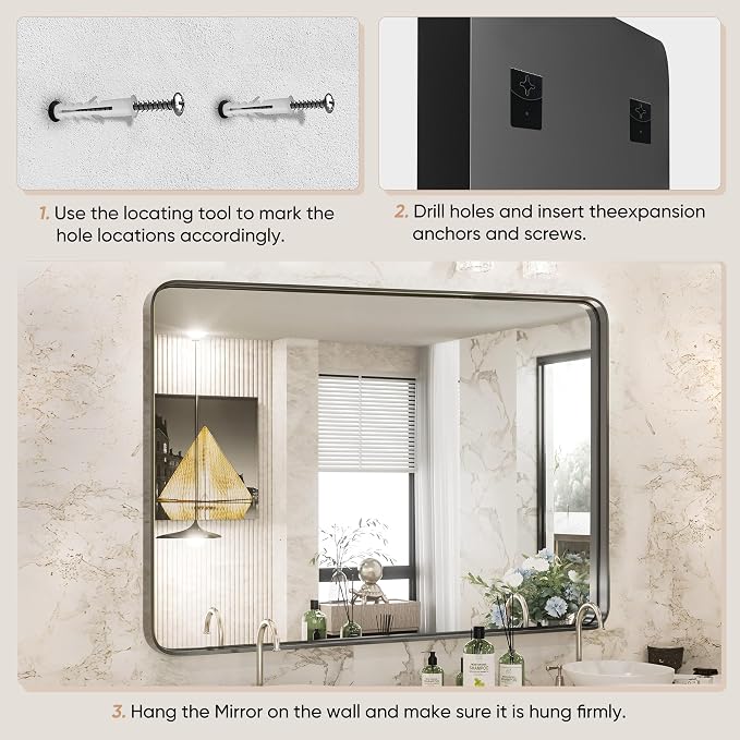 NEWBULIG Bathroom Wall Mirror, Vanity Mirror for Over Sink, 24x36 Inch | Matte Metal Framed Tempered Glass, Over Sink Entryway, Living Room Bedroom, Black