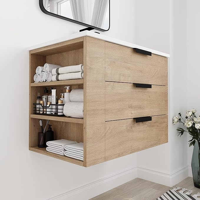30 Inch Bathroom Vanity with White Sink Combo, Wall-Mounted Bathroom Vanity 3 Drawer&Left Side Shelf for Small Space, Modern Floating Bathroom Cabinet with Top Basin & Storage Cabinet,Brown