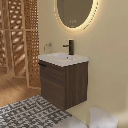 18 Inch Bathroom Vanity with Sink,Wall Mounted Bathroom Vanity Sink Combo with Soft Close Door for Small Space,Modern Floating Bathroom Vanity with Top Basin &Brown Storage Cabinet
