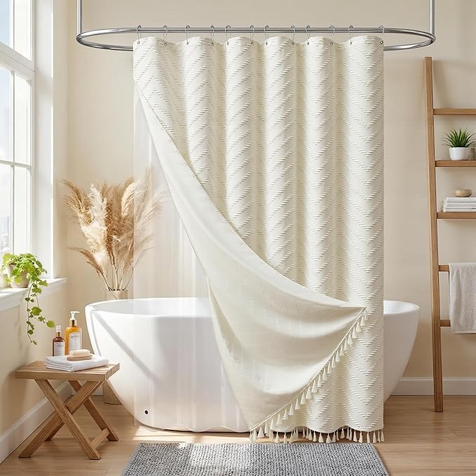 Dynamene Stall Shower Curtain and Liner Set - 54 inch Wide Boho Shower Curtain and Waterproof Clear Liner, Tufted Chevron Striped Textured Tassel Shower Curtains for Bathroom, 10 Hooks, 54x72, Cream