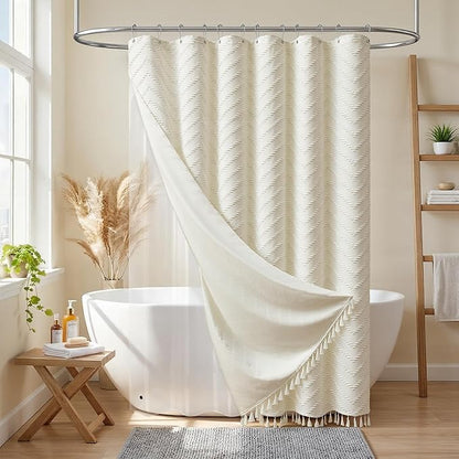 Dynamene Extra Long Shower Curtain and Liner Set - 96 inch Tall Boho Shower Curtain and Waterproof Clear Liner, Tufted Chevron Striped Tassel Shower Curtains for Bathroom, 12 Hooks, 72x96, Cream