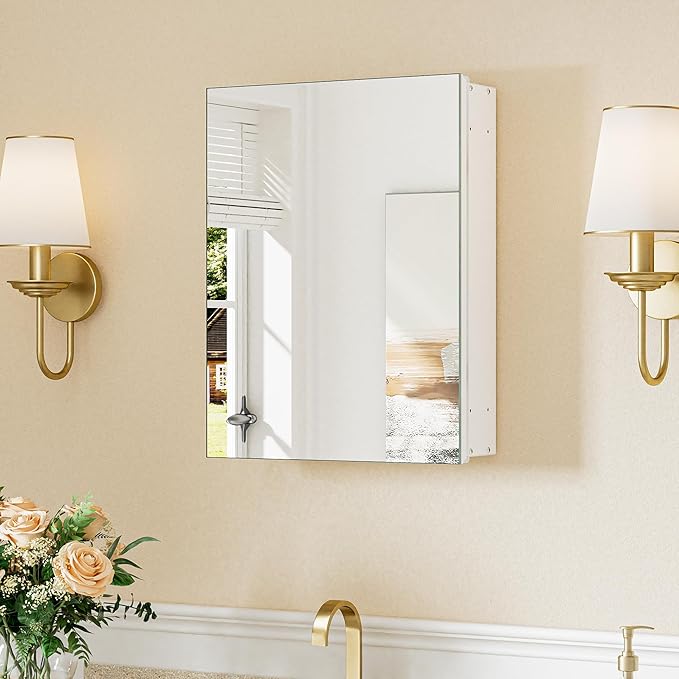 Keonjinn White Medicine Cabinet Mirror 14 x 18 Inch, Lightweight Aluminum | Effortless Assembly, Adjustable Shelves, Wall Mount or Recessed, Soft Close with DTC Hinges, Bathroom Mirror with Storage