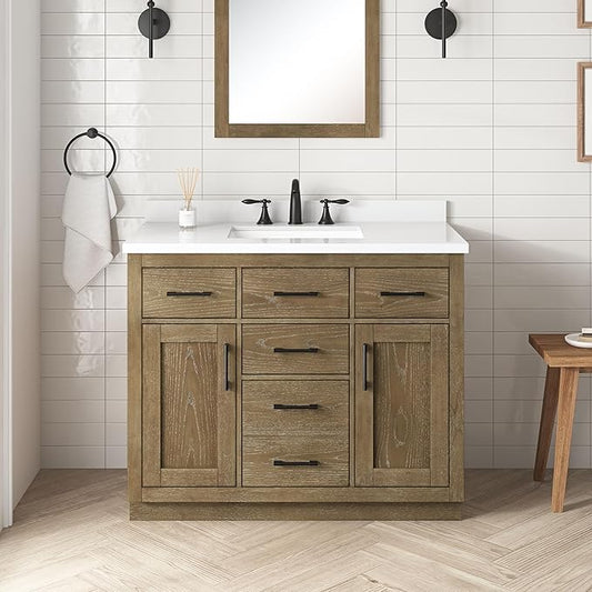 OVE Decors Bailey 42 in. Single Sink Freestanding Driftwood Oak Bathroom Vanity with White Quartz Top, Matching Backsplash and Power Bar