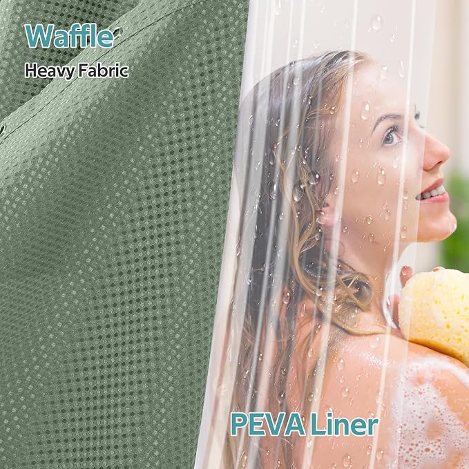 3 in 1 Shower Curtain Set, Waffle Shower Curtain and Liner Set with 12 Double Sided Shower Curtain Hooks, 258GSM Luxury Weighted Cloth Shower Curtains for Bathroom, 72 W x 84 H, Sage Green