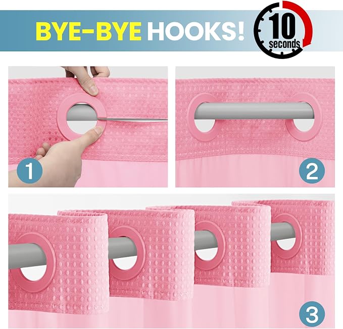 SORTTO No Hook Shower Curtain with Snap in Liner Set Waffle Shower Curtain for Bathroom Hotel Style Fabric Waterproof Inner Liner，71" W x 74" H, Pink