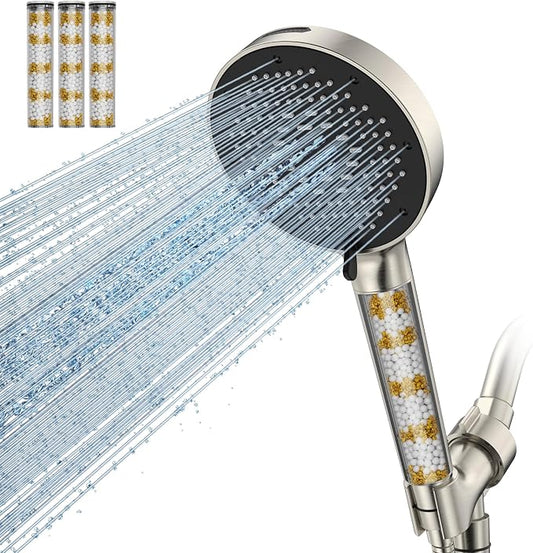 SR SUN RISE NSF Certified Filtered Shower Head with Handheld for Hard Water to Remove Chlorine High Pressure 9-Spray Setting (with Power Wash) Anti-Clog Nozzles (4 Filters, Brushed Nickel)
