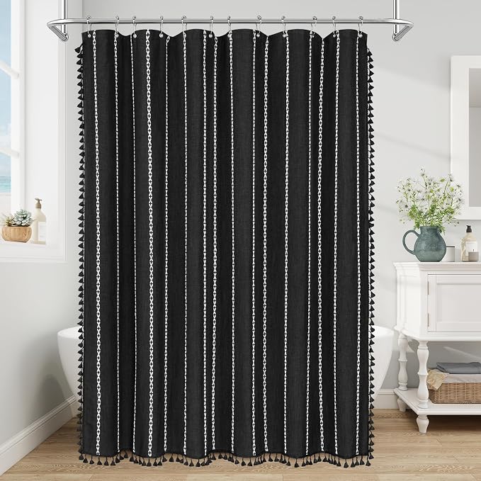 Boho Striped Tassel Linen Shower Curtain,3D Embroidery Stripe Black,54x72 | Wide Stall,310GSM Linen Texture Heavy Duty Cloth,Water Repellent,Chic Cottagecore French Rustic Farmhouse,Wrinkle Resistant