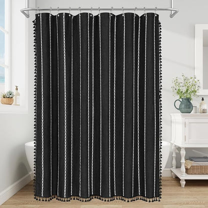 Boho Striped Tassel Linen Shower Curtain,3D Embroidery Stripe Black,54x72 | Wide Stall,310GSM Linen Texture Heavy Duty Cloth,Water Repellent,Chic Cottagecore French Rustic Farmhouse,Wrinkle Resistant