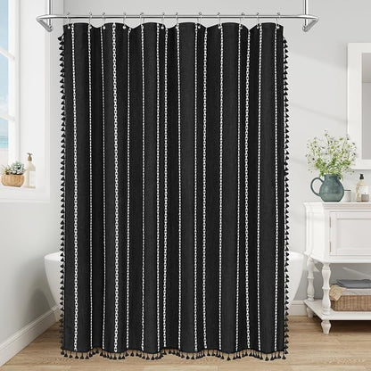 Boho Striped Tassel Linen Shower Curtain,3D Embroidery Stripe Black,72x90 | Extra Long Floor Length,Striped Texture,Water Repellent,Bohemian Luxury Farmhouse,Wrinkle Resistant,12 Plastic Hooks