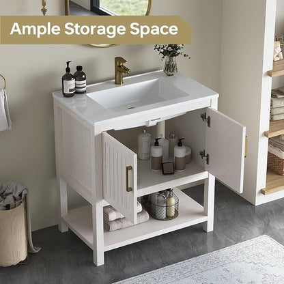 30 Inch Modern Bathroom Vanity with Sink, White | Freestanding Vanity Cabinet with Soft-Close Door, Open Storage Shelf, Gold Handles & Adjustable Feet